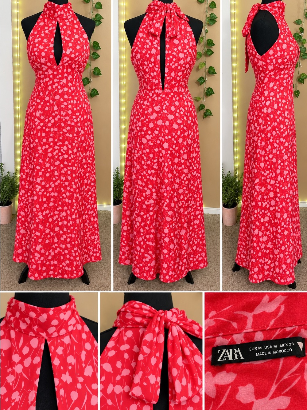 ZARA Red Floral Halter Maxi Dress with Open Back – Size M